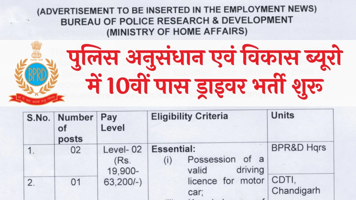 BPRD Driver Recruitment 2025: पुलिस अनुसंधान एवं विकास ब्यूरो (BPRD) ड्राइवर भर्ती 10वीं पास के लिए ऑफलाइन आवेदन प्रक्रिया जारी